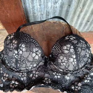 Elegant Black Lace Bra Sophie B. DEMI underwire Corset Bra Halter Strap 34A